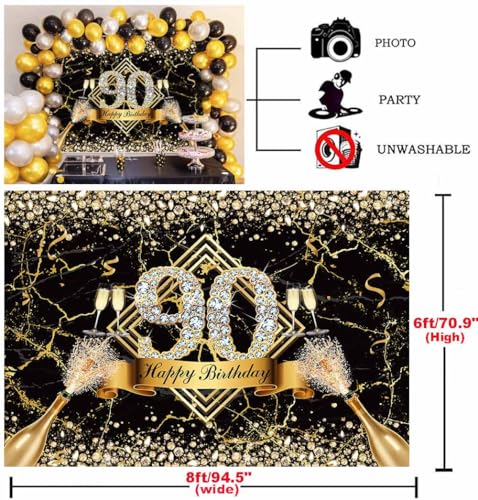 Sensfun Happy 90th Birthday Backdrop Black Gold Glitter Marble Diamond Photography Background Women Men Fabulous 90th Birthday Decorations 90 Years Old Birthday Party Banner Photo Studio Props 8x6ft - size: 8x6ft