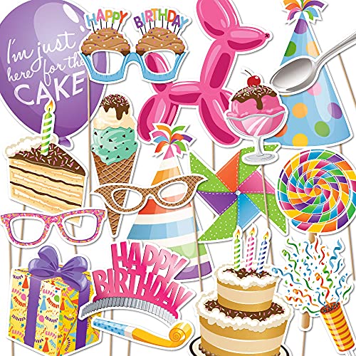 Happy Birthday Party Photo Booth Props | 18 Piece Set by Paper and Cake | Includes Cake, Balloon, Candles, and More | Perfect for Birthday Celebrations