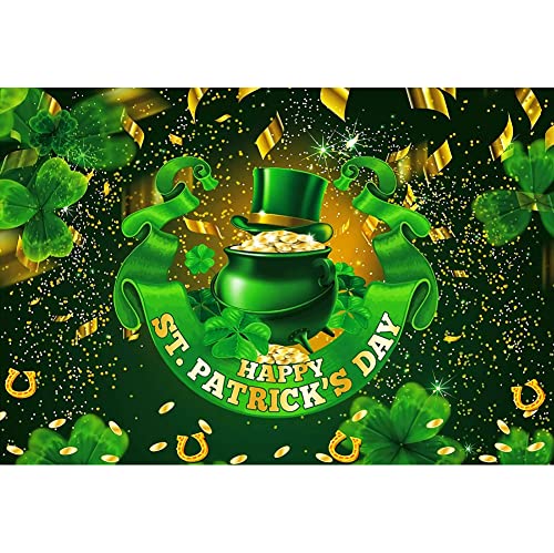 7x5ft Polyester Happy St.Patrick's Day Photography Backdrop Glitter Green Lucky Irish Shamrock Pot of Gold Ribbon Background for Newborn Kid Baby Shower Cake Smash Studio Photoshoot Props - color: Green 12872