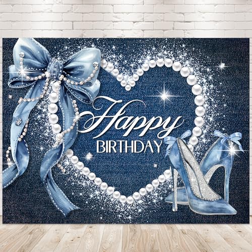 Newsely Denim and Diamonds Bow Backdrop 8Wx6H Photography Blue Coquette Silver High Heels Happy Birthday Banner for Women Girls Background Pearl Party Decorations Banner Photo Booth Props Supplies - color: C-blue bow, size: 8Wx6H