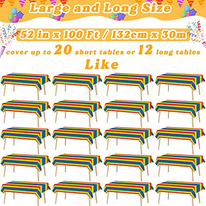 Carnival Pride Rainbow Striped Tablecloth Roll - 52 in x 100 in with Slide Cutter - Plastic Table Cloth Roll - Rainbow Party Table Cover for Indoor and Outdoor Family Parties and Celebrations - color: Rainbow
