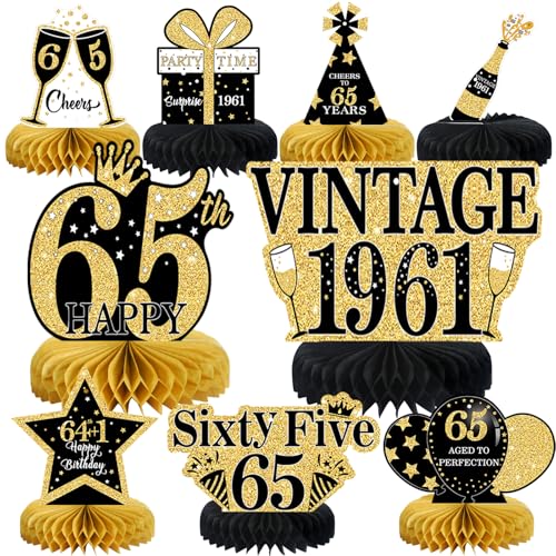 9Pcs 65th Birthday Decorations Honeycomb Centerpieces for Men Women, Black Gold Happy 65th Birthday Centerpieces Tables Toppers Party Decorations Supplies, Vintage 1961 Aged Table Sign Decor - color: Black Gold 65th