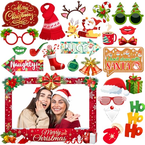 Christmas Photo Booth Props Kit, 24Pcs Fun Photo Props & Selfie Frame for Christmas Photos Decoration, Funny Santa & Gingerbread Photo Props for Xmas Holiday Party Decoration