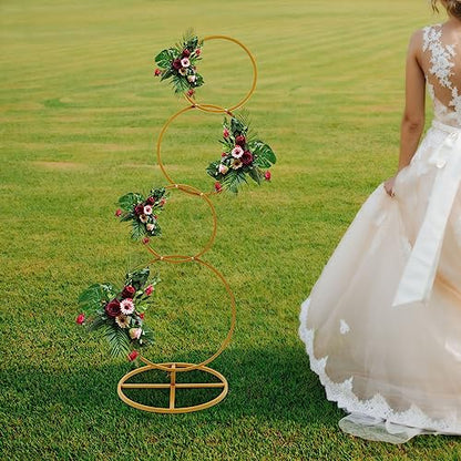 5.02FT Gold 4 Round Hoop Backdrop Stand, 4-Tier Detachable Wedding Metal Flower Arch Kit Frame for Photo Booth Background, Flower Display Background Decoration for Birthday Party - style: Round