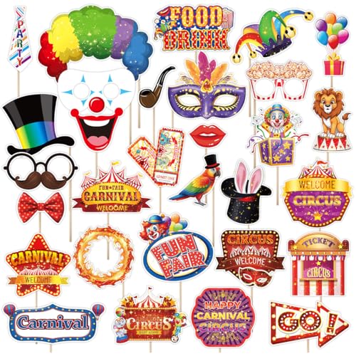 Carnival Photo Booth Props, Konsait 30Pcs Circus Carnival Photo Props - Carnival Theme Party Decorations Selfie Picture Props, Circus Photo Booth Props Party Favors