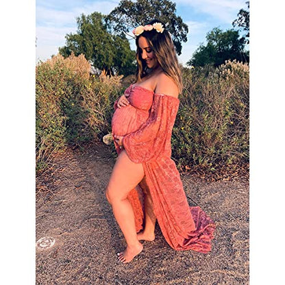Saslax Soft Stretchy Lace Off Shoulder Doubly Split A-line Skirt Maternity Dress Pregnancy Maxi Gown for Photoshoot - color: Antique Rose, size: Large