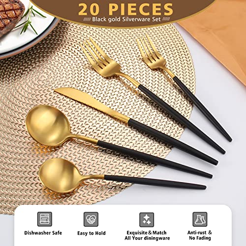Matte Black Gold Silverware Set, Oliviola 20-Piece Stainless Steel Flatware Cutlery Set Service for 4, Satin Finish Kitchen Utensil Set, Dishwasher Safe - color: Blackgold, size: 20-piece