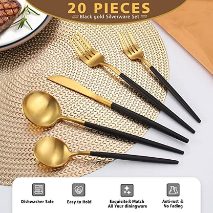 Matte Black Gold Silverware Set, Oliviola 20-Piece Stainless Steel Flatware Cutlery Set Service for 4, Satin Finish Kitchen Utensil Set, Dishwasher Safe - color: Blackgold, size: 20-piece