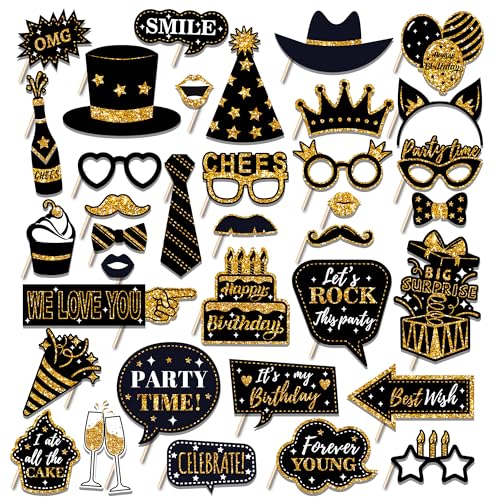 36 PCS Birthday Photo Booth Props Party Supplies Holiday Picture Decorations Photo Booth Props for Birthday Party Favors Pose Sign Kit Fun for Party (Black and Gold) - color: Black and Gold