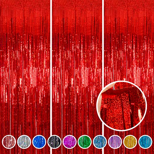 Red Foil Fringe Curtain Mothers Day Decorations 3 Pack 3.2 x 8.2 ft Shiny Tinsel Backdrop for Birthday Party Decorations, Photo Booth Background, Red Streamers Decor, Cinco De Mayo Decorations - color: Red
