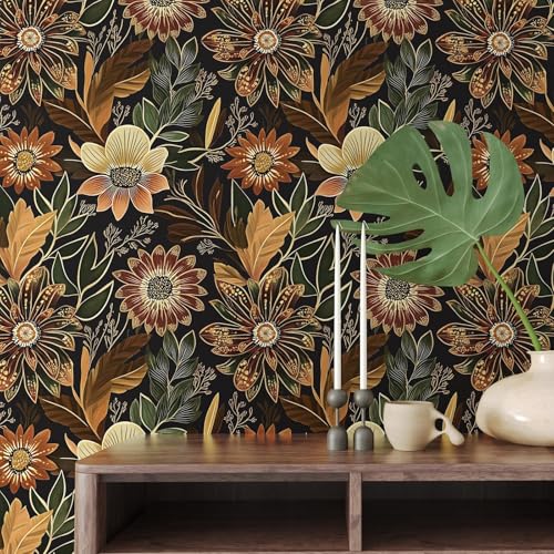 Laatse Boho Wallpaper Peel and Stick Dark Floral Wallpaper for Cabinet Vintage Contact Paper Waterproof Self Adhesive Removable Modern Wall Paper for Bedroom Stair Bathroom 17.5in x118in - color: Black/Brown, size: 17.5" x 118"