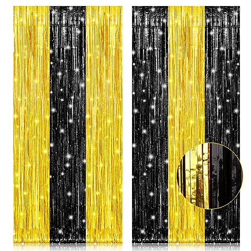 PIGETALE, 2 Pack 3.2x8.2 Feet Black and Gold Tinsel Backdrop Party Decorations, Foil Fringe Curtains Backdrop for Birthday Graduation Wedding Engagement Bridal - color: Black and Gold