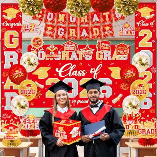 Graduation Decorations Class of 2026 Red and Gold Graduation Decorations with Congrats Grad Banner,Backdrop,Porch Sign,Balloons,Hanging Swirls,Honeycomb Centerpieces,Box for Graduation Party Supplies - color: Red