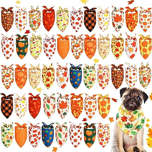 Sweetude 50 Pieces Thanksgiving Fall Dog Bandanas Bulk Pumpkin Maple Leaves Autumn Plaid Bandanas for Dogs Soft Bibs Triangle Scarves for Small Medium Large Pets Costume(31.5 x 21.7 x 21.7 Inch) - color: Maple Leaves, size: 31.5 x 21.7 x 21.7 Inch