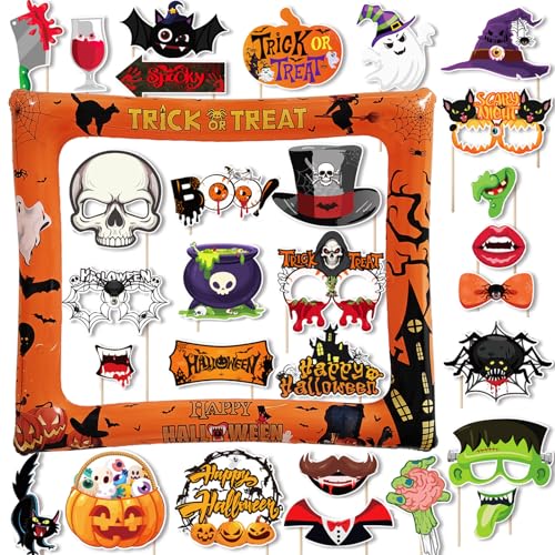 30 pcs Halloween Photo Booth Props with Jumbo Inflatable Selfie Photo Booth Frame, Funny Spooky Selfie Props for Halloween Party Decorations, Trick or Treat Party Decoration
