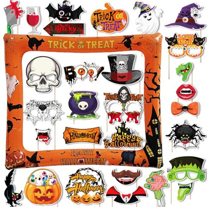 30 pcs Halloween Photo Booth Props with Jumbo Inflatable Selfie Photo Booth Frame, Funny Spooky Selfie Props for Halloween Party Decorations, Trick or Treat Party Decoration