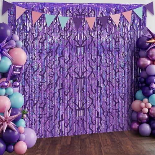 2 Packs Purple Foil Fringe Curtain, Purple Energy Pattern Glitter Metallic Tinsel Backdrop for Birthday, Baby Shower, Graduation, Bachelorette, Korean Idol Movie Party Decorations Favor Supplies - color: Purple Lightning