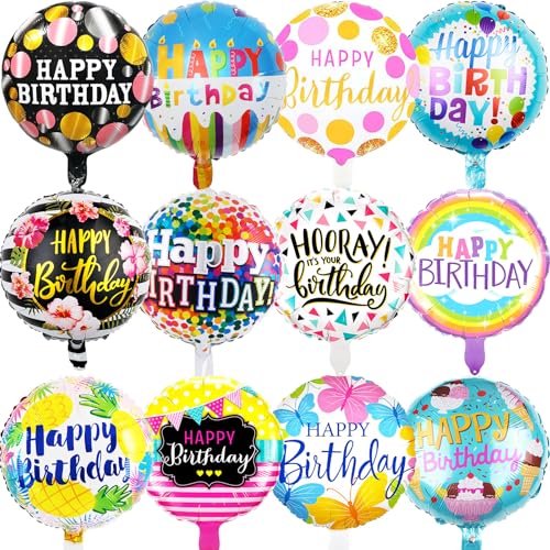 HILAVO 36PCS Happy Birthday Foil Balloons, 18" Round Helium Party Balloon Floating Inflatable Happy Birthday Balloons for Kids Birth Parties Baby Shower Decoration Supplies - color: Happybirthday