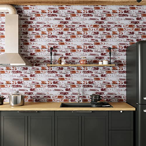VaryPaper Rustic Painted Red Brick Peel and Stick Wallpaper Brick Contact Paper 17.7''x78.7'' 3D Faux Brick Wallpaper Self Adhesive Removable Wallpaper for Kitchen Backsplash Bedroom Walls Fireplace - color: Red, size: 17.7" x 78.7"