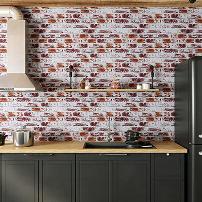 VaryPaper Rustic Painted Red Brick Peel and Stick Wallpaper Brick Contact Paper 17.7''x78.7'' 3D Faux Brick Wallpaper Self Adhesive Removable Wallpaper for Kitchen Backsplash Bedroom Walls Fireplace - color: Red, size: 17.7" x 78.7"