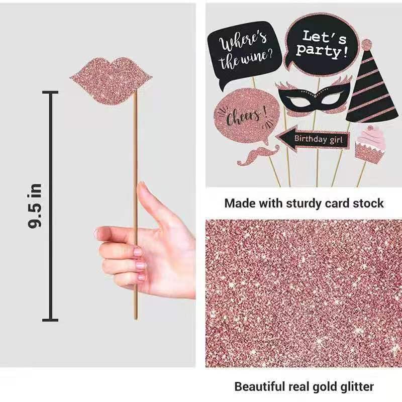 30-Piece Wedding Photo Booth Props Set, Gold Dusted Party Decorations, Wedding Celebration Supplies (Pink)