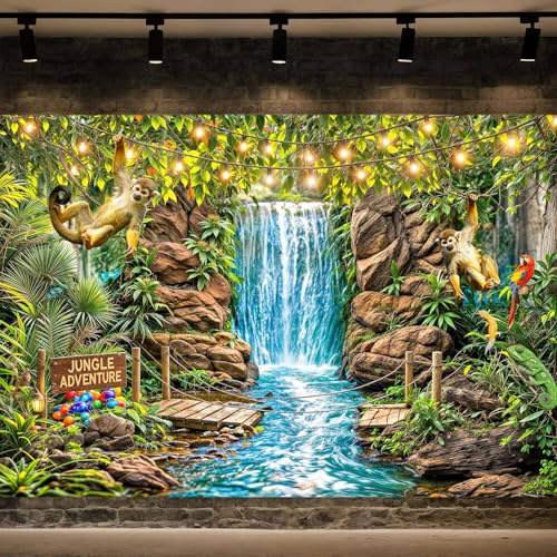 5x3ft 2026 Rainforest Waterfall Backdrop Tropical Safari Photography Backdrop Jungle Adventure Camper Kids Falls Backdrop Wild Animals for Vacation School Banner Party Decorations Photo Background - color: Multi92, size: 5X3ft