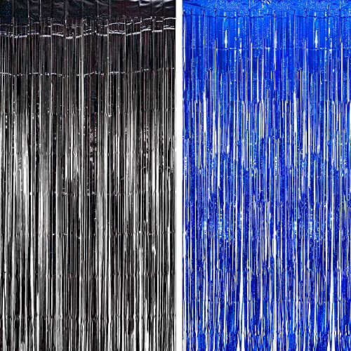 BRAVESHINE Foil Fringe Curtains - Black Blue Metallic Tinsel Photo Booth Party Steamers Backdrop for Graduation/16th/30thBoy/Men/Birthday/Retirement/Homecoming/Ocean/Bachelorette Party Decorations - color: Black Blue