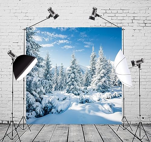BELECO 8x8ft Fabric Winter Snow Backdrop White Xmas Trees Wintry Scene Alps Mountains Ice and Snow World Background Christmas New Year Party Decorations Banner Holiday Photo Background Photo Props - size: 8x8FT