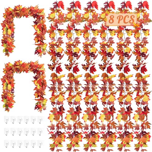 Helimoto Fall Outdoor Garland, 8 Pack 47.2 FT Hanging Fall Garland, Artificial Maple Indoor Autumn Leaves Garlands, Fall Decorations for Home Thanksgiving Decor Wedding Party Wall Fireplace Mantle - color: Brown, size: 8 Pcs