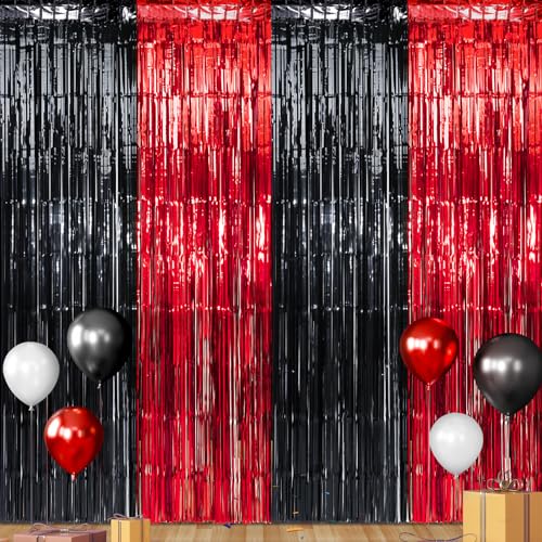 6 Pack 3.3Ft x 6.6Ft Graduation Foil Fringe Curtain Backdrop Decorations, Red Black Metallic Tinsel Foil Streamers Curtain Photo Booth Background for Graduation Prom Wedding Birthday Party Decorations - color: Red Black