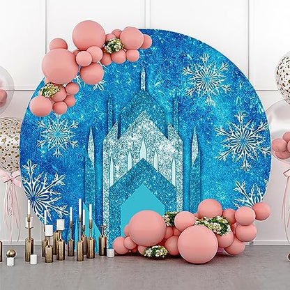 Renaiss 7.5x7.5ft Ice Freeze Castle Round Backdrop Cover Winter Wonderland Circle Photography Background Ice Snow World Snowflake Princess Girl Baby Shower Birthday Party Decor Arch Photo Booth Props - size: Diameter 7.5 ft
