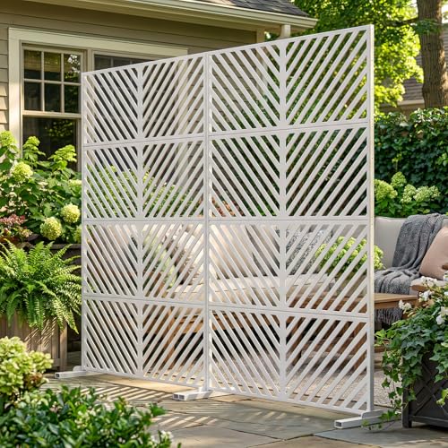 DoCred 2 Pack Metal Privacy Screen, 71" H X 45.7" W Freestanding Rustproof Steel Privacy Panels, Metal Outdoor Privacy Screens Decorative Fence with Stand for Deck, Patio, Backyard & Balcony - color: White Slant Pattern, size: 71" H x 45.7" W(2 Pack)