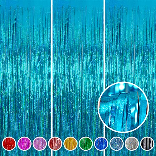 Foil Fringe Curtain Party Decorations - Melsan 3 Pack 3.2 x 8.2 ft Tinsel Curtain Party Photo Backdrop for Birthday Party Baby Shower or Graduation Decorations April fool's Day Decorations Teal - color: Teal
