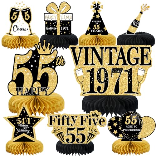 9Pcs 55th Birthday Decorations Honeycomb Centerpieces for Men Women, Black Gold Happy 55th Birthday Centerpieces Tables Toppers Party Decorations Supplies, Vintage 1971 Aged Table Sign Decor - color: Black Gold 55th