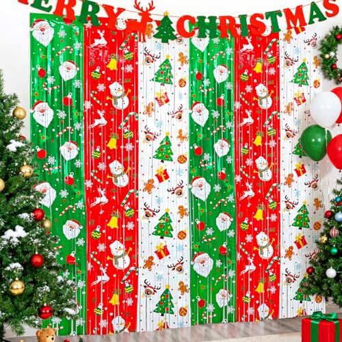 3 Pack Printed Christmas Foil Fringe Curtains, Red Green Tinsel Backdrop with Santa & Reindeer Patterns - Photo Booth Props for Ugly Sweater Party, Christmas in July & Winter Holiday Decor - color: Red, Green, White.