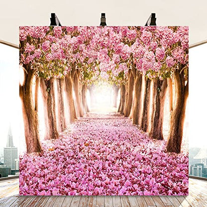 AOFOTO 10x10ft Spring Cherry Blossom Backdrop Sweet Pink Flowers Tree Floral Petal Boulevard Photography Background Baby Shower Photo Studio Props Girl Infant Adult Artistic Portrait Vinyl Wallpaper - size: 10x10ft
