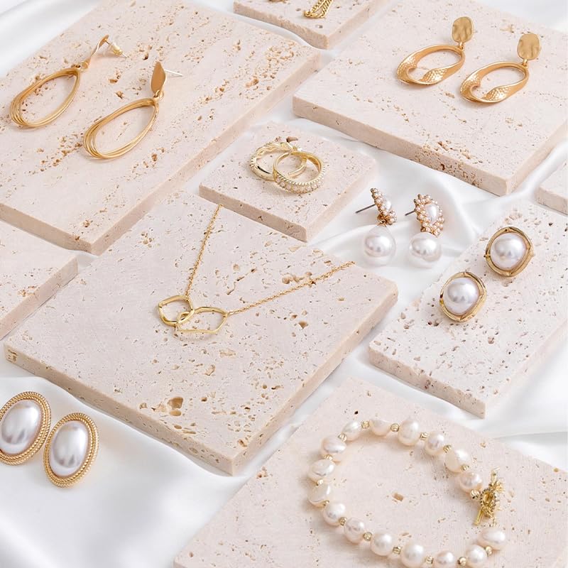 Natural Travertine Stone Display Tiles, Decorative Photography Props for Jewelry, Cosmetics, Home Decor, Beige Stone Blocks (10cm*10cm) - size: 10cm*10cm