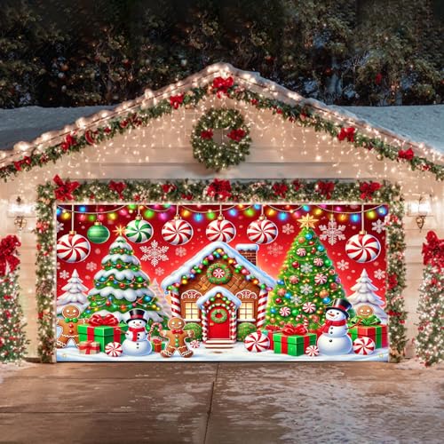 HOMETITUTE Christmas Garage Door Banner Gingerbread House 13x6ft Festive Backdrop Candy Canes Snowmen Photo Prop Background for Sweet Holiday Outdoor Display Festive Party Supplies