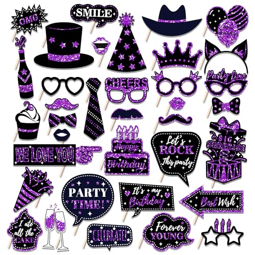 36 PCS Birthday Photo Booth Props Party Supplies Holiday Picture Decorations Photo Booth Props for Birthday Party Favors Pose Sign Kit Fun for Party (Purple and Black) - color: Purple and Black
