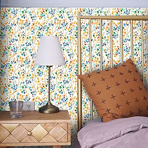 Floral Peel and Stick Wallpaper Colorful Forest Beige/Orange/Blue/Red Removable Contact Paper for Nursery Home Decorations 17.71in x 236.2in - color: Multicolor01, size: 17.71" x 236.2"