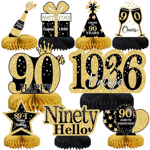 9Pcs 90th Birthday Decorations Honeycomb Centerpieces for Women,Black Gold Happy 90th Birthday Centerpieces Tables Toppers Party Decorations Supplies, Vintage 1936 Aged Table Sign Decor - color: Black Gold 90th
