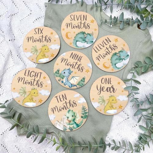 Huray Rayho Little Dragon Baby Monthly Milestone Cards Neutral Wooden Tags Newborn Photography Props Set of 13 Wood Discs from One Month to One Year Baby Growth Record