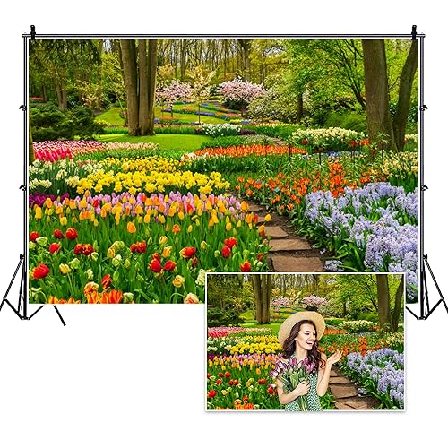 9x6ft Spring Forest Park Photography Backdrop Blooming Tulip Flowers Jungle Garden Background Children Spring Outdoor Outing Art Portraits Photo Studio Props Vinyl Wallpaper - color: Blooming Floral, size: 9x6ft