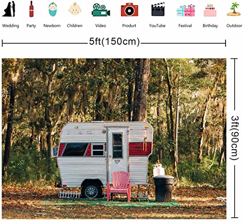 Camp Party Camping Backdrop, 5x3ft Sunny Forest Camper Trailer Nature Scenery Photography Background, Studio Photo Prop RBJYYLU23 - size: polyester microfiber fabric-5x3ft