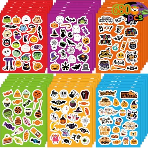 Joy Bang 680 PCS Halloween Stickers for Kids, 30 Sheets Halloween Party Favors Stickers Crafts Toys Bulk Pumpkin Monster Candy Sticker Bulk for Treat Bags Goodie Bag Stuffers for Kids - style: Halloween