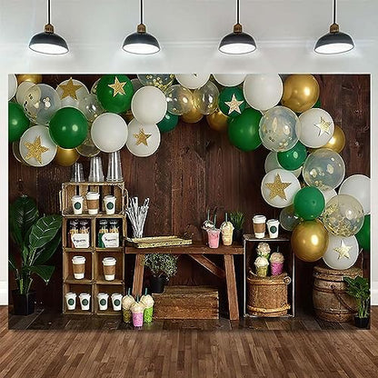 Coffee Photography Backdrop Rustic Brown Wood Coffee Shop Backdrop Balloons Coffees Ice Cream Party Background Balloon Stars Photography Background Kids Portrait Decor Backdrop Photo Studio Prop,8X6FT
