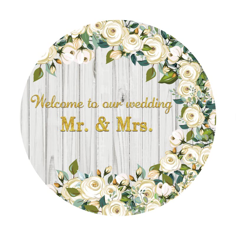 Yeele 7x7ft Mr & Mrs Wedding Round Backdrop Wooden Texture White Rose Floral Photography Background Bride and Groom Engaged Ceremony Anniversary Bridal Shower Party Supplies Photo Booth Props - size: 7x7ft-Diameter