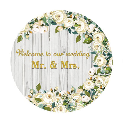 Yeele 7x7ft Mr & Mrs Wedding Round Backdrop Wooden Texture White Rose Floral Photography Background Bride and Groom Engaged Ceremony Anniversary Bridal Shower Party Supplies Photo Booth Props - size: 7x7ft-Diameter