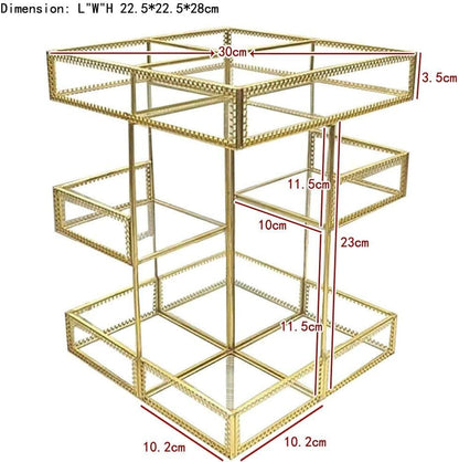 360 Degree Rotation Makeup Organizer Antique Countertop Cosmetic Storage Box Mirror Glass Beauty Display, Gold Spin Large Capacity Holder for Brushes Lipsticks Skincare Toner