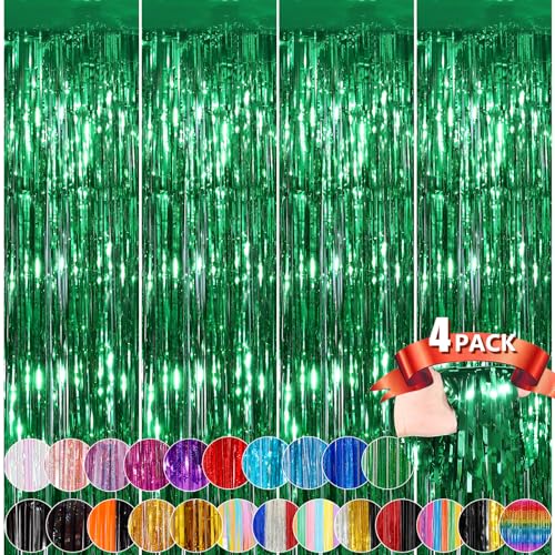 Green Metallic Tinsel Foil Fringe Curtains, 4 Pack 3.3x8.3 Feet Party Streamer for Birthday Party Decorations, Halloween Decor, Foil Curtain for Bachelorette Party - color: Green, size: 4 Pack